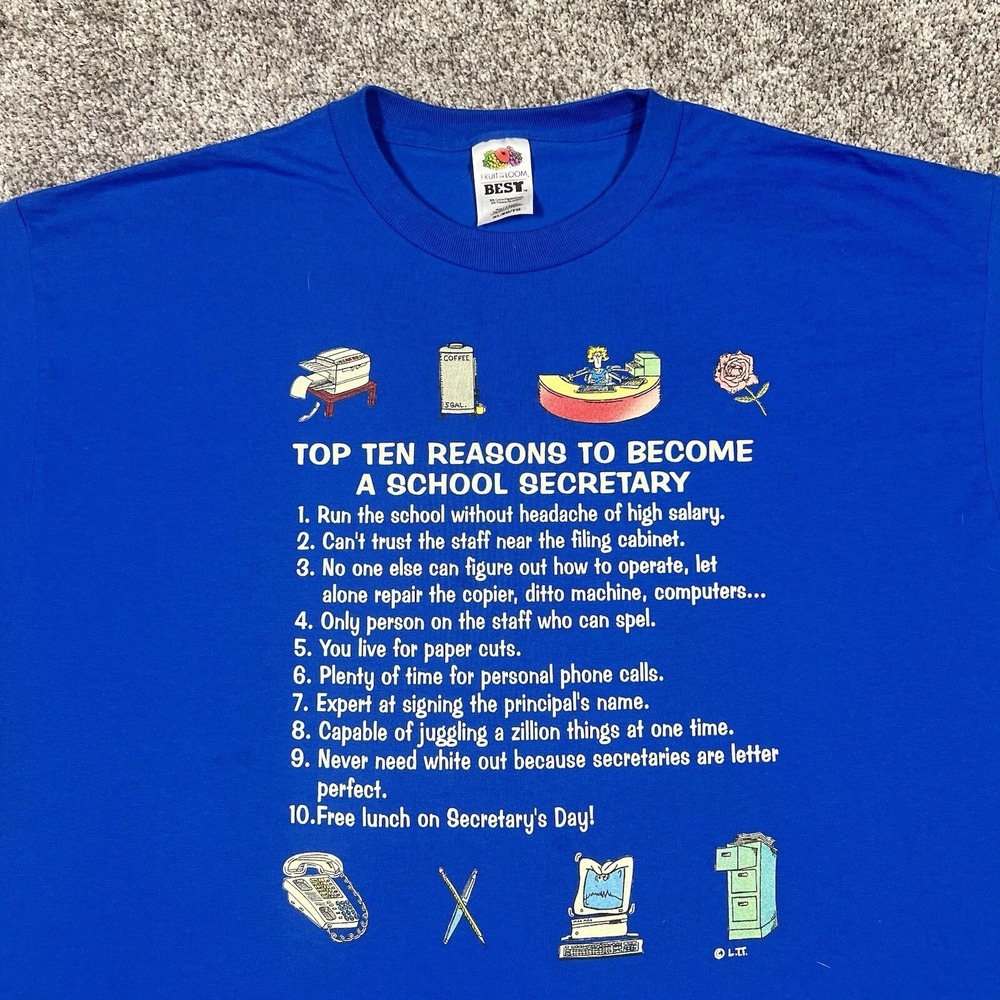 Vintage School Secretary Humor T Shirt Size XL Blue Teacher Joke Top Ten Reasons